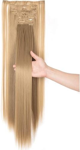 Miniatura 13 de Extensiones de pelo de 24 a 26 pulgadas, 6 unidades, 16 clips rizados, ondulados, rectos, gruesos, clip en extensiones de pelo sintético.