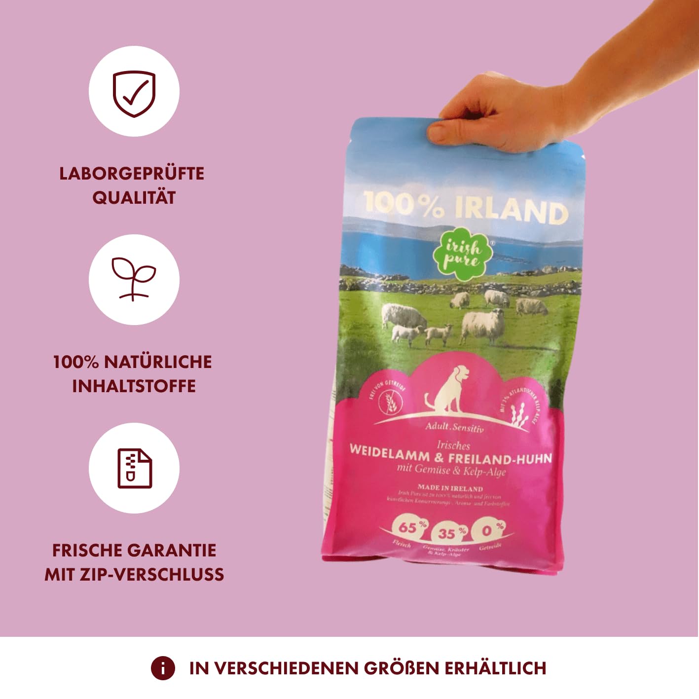 Irish Pure Sucha karma dla dorosłych, 12 kg, jagnięcina wierzbowa i kurczak z algami kelpowymi, wysoka zawartość mięsa, nie zawiera zbóż, wrażliwa, sucha karma dla psów | karma dla wszystkich ras