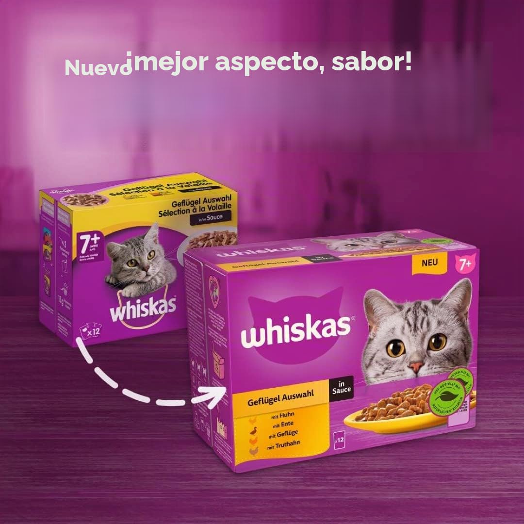 Whiskas 7+ Comida para Gatos de Aves de Corral en Salsa, 12 x 85 g (4 Paquetes) – Comida húmeda Partir de los 7 años de Edad en 48 Bolsas de porciones