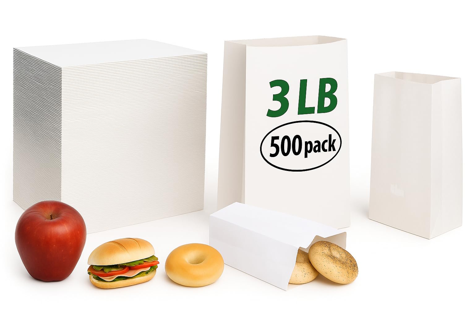 pizety 3 lb White Paper Bags – 500 Pack Kraft Lunch Bags, Recyclable & Food-Safe, Perfect for Sandwiches, Snacks, Crafts, Grocery, Parties, Coloring &