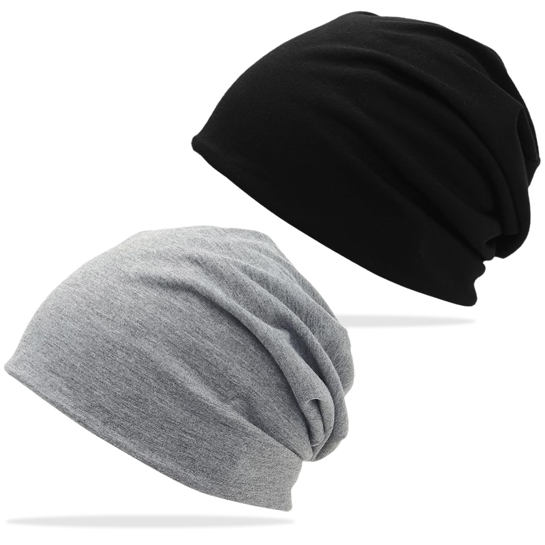 Lot De 2 Slouchy Beanie Léger Multifonction - Bonnet Chimio Doux Respirant Noir + Gris Pour Perte De Cheveux