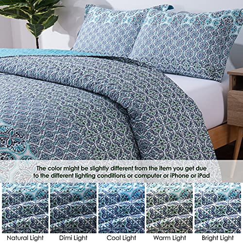 Jupitex Aztec Boho Striped Quilt Set Queen, 3 Pcs Bohemian Rustic Bedding Set, 90X96 Bohemian Reversible Quilt, Lightweight Farmhouse Ombre Bedding Set, Aqua Turquoise Teal Quilt Bedspread Coverlet #TOP5