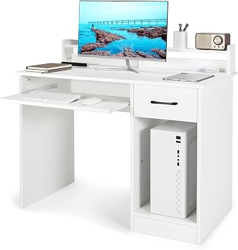 SFAREST Wooden Computer Desk, PC Study Writing Desk with 5-Position Adjustable Shelf, Keyboard Tray & Drawer, Modern Laptop Gaming Workstation for Home Office White