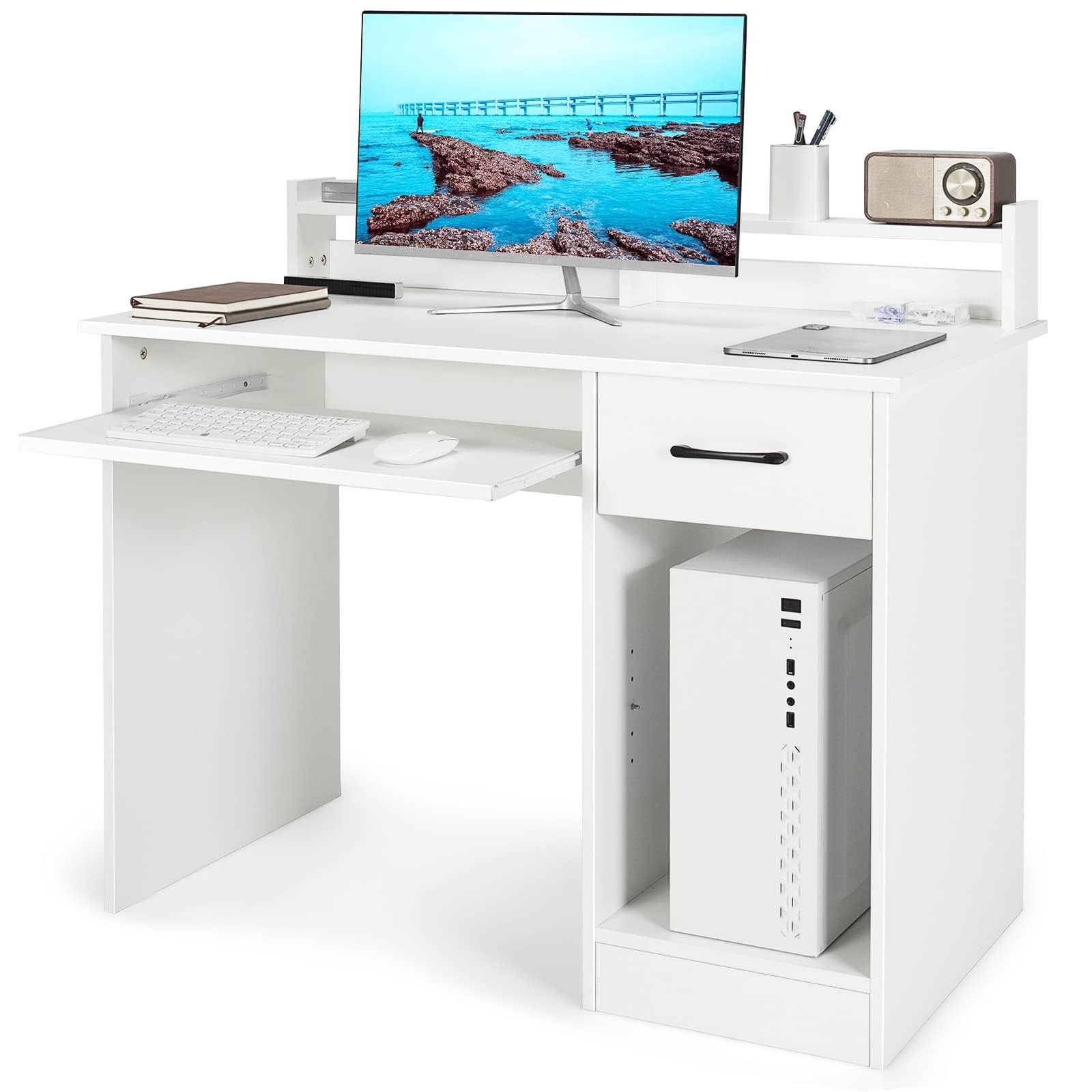 SFAREST Wooden Computer Desk, PC Study Writing Desk with 5-Position Adjustable Shelf, Keyboard Tray & Drawer, Modern Laptop Gaming Workstation for Home Office (White)
