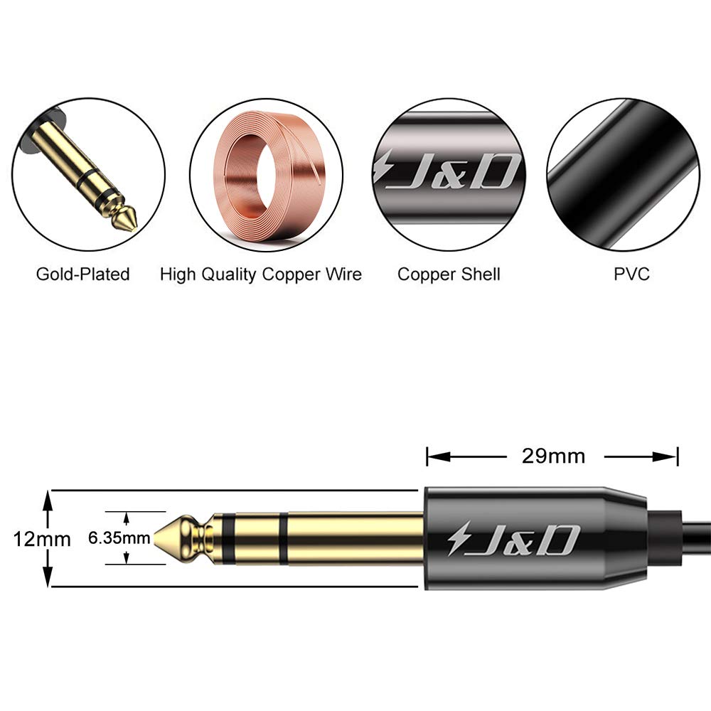 J&D 1/4 inch TRS Cable, Gold Plated Heavy Duty Copper Shell TRS 6.35mm Male to Male Balanced Stereo Audio Adapter, Quarter inch Guitar Interconnect Cable for Studio Monitors, Bass, Keyboard, 3 Feet - Image 3