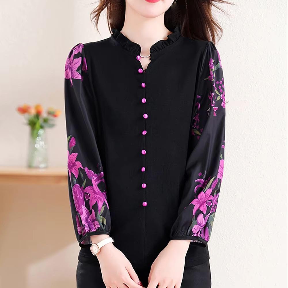 JYHBHMZG Women's Ruffles Collar 3/4 Sleeve Printed Top Blouse Autumn Winter Casual Splice Shirt Blouse