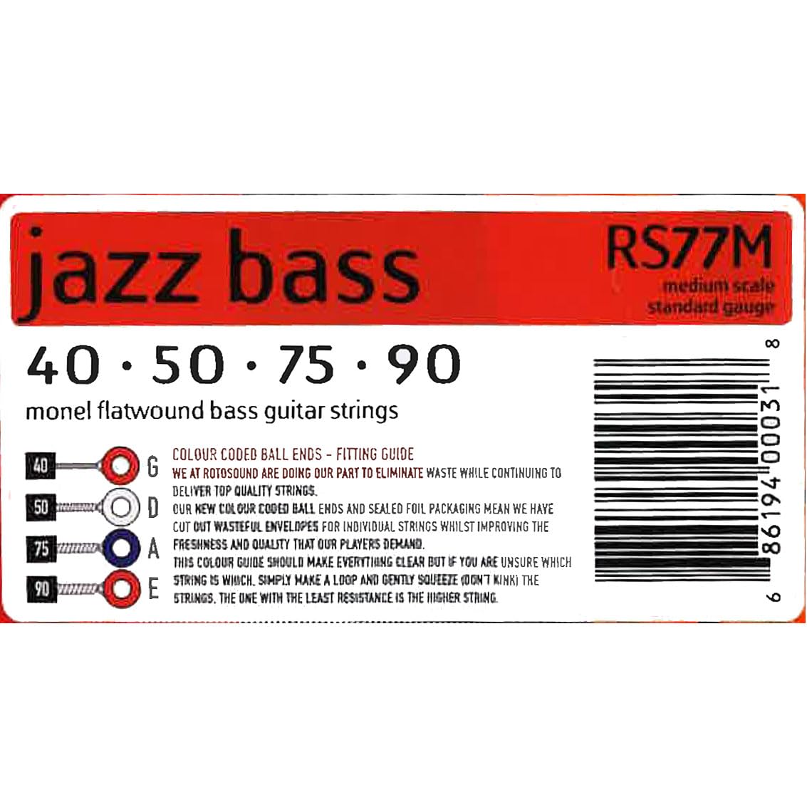 Rotosound Struna do Basu Elektrycznego JAZZ 77 MONEL FLATWOUND 4-strunowe RS77M FLATW MEDIUM SCALE Standard 40-90