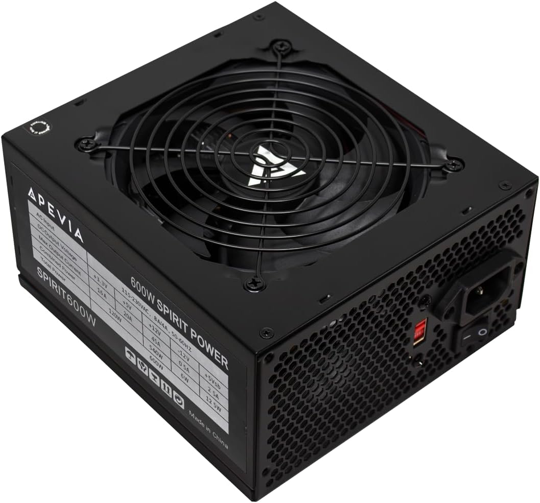 Apevia SPIRIT600W Spirit 600W ATX Power Supply, 120MM Fan, All Protections | 120mm Auto Thermal Controlled Fan, Quiet Operation, Heavy Duty Protections, Supports Single 12V Output, Black Fan