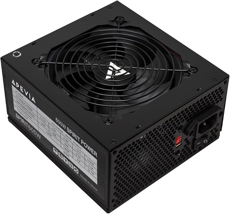 Apevia SPIRIT600W Spirit 600W ATX Power Supply, 120MM Fan, All Protections | 120mm Auto Thermal Controlled Fan, Quiet Operation, Heavy Duty Protections, Supports Single 12V Output, Black Fan