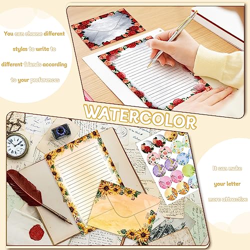 Image of TaoBary 160 Pcs Flower Stationery Paper and Envelopes Set 50 Double Sided Lined Stationery Paper with 50 Matching Envelopes and 60 Round Dot Sticker 5.5 x 8.25'' Letter Writing Kit, 10design