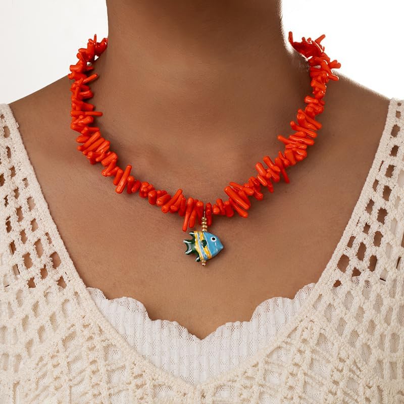 Fish Necklace For Women, Red Coral Chain With Ceramics Fish Pendant Sea Shell Beach Necklaces Statement Jewelry Gift - Image 3