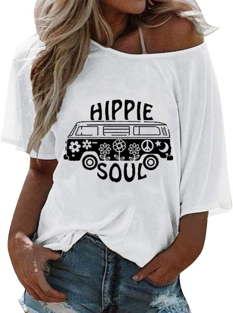 Vedolay Shirts for Women Fashion Round Neck Letter Print Tee Shirt Funny Casual Short Sleeve T-Shirt Top Blouses