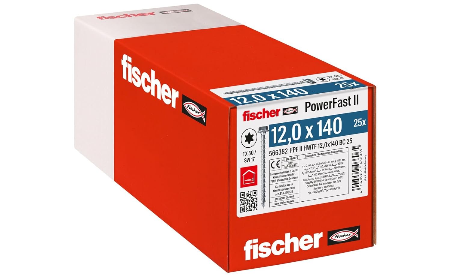 fischer Wood Screws Set PowerFast FPF II HWTF Difference Sizes Hexagon Head with Inner Star TX Full Thread Galvanized Blue Passivate (25, 12x140)