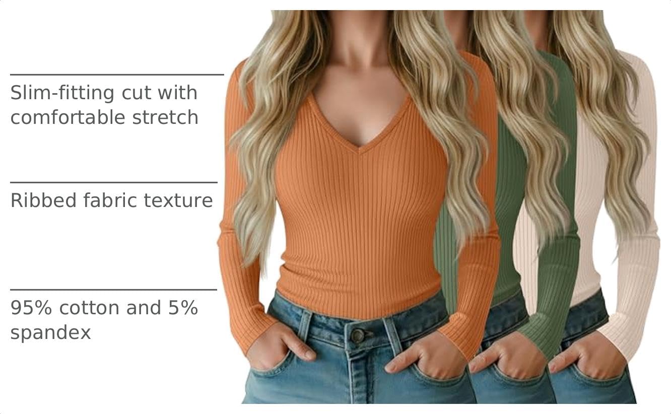 Riyiper 3 Pcs Womens Ribbed Long Sleeve Shirts V Neck 95% Cotton image 4