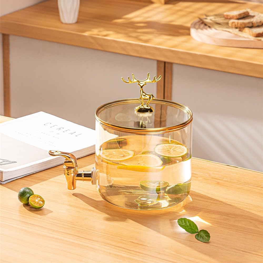 Image of 2.8 Liter Glass Beverage Dispenser with Bamboo Stand and Gold Deer Topper, Ice Drink Dispenser for Water, Juice,Beer, Cocktails, Home & Restaurants, Office, Bars,Party - Event