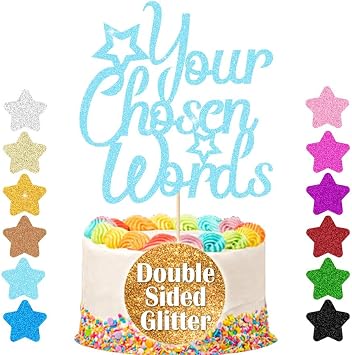 Personalised Cake Topper | Customized Birthday Cake Decorations. Double Sided Glitter Card Text Customized | Birthday or Wedding Party Multicolour Glitter Cake DecorationBaby Blue