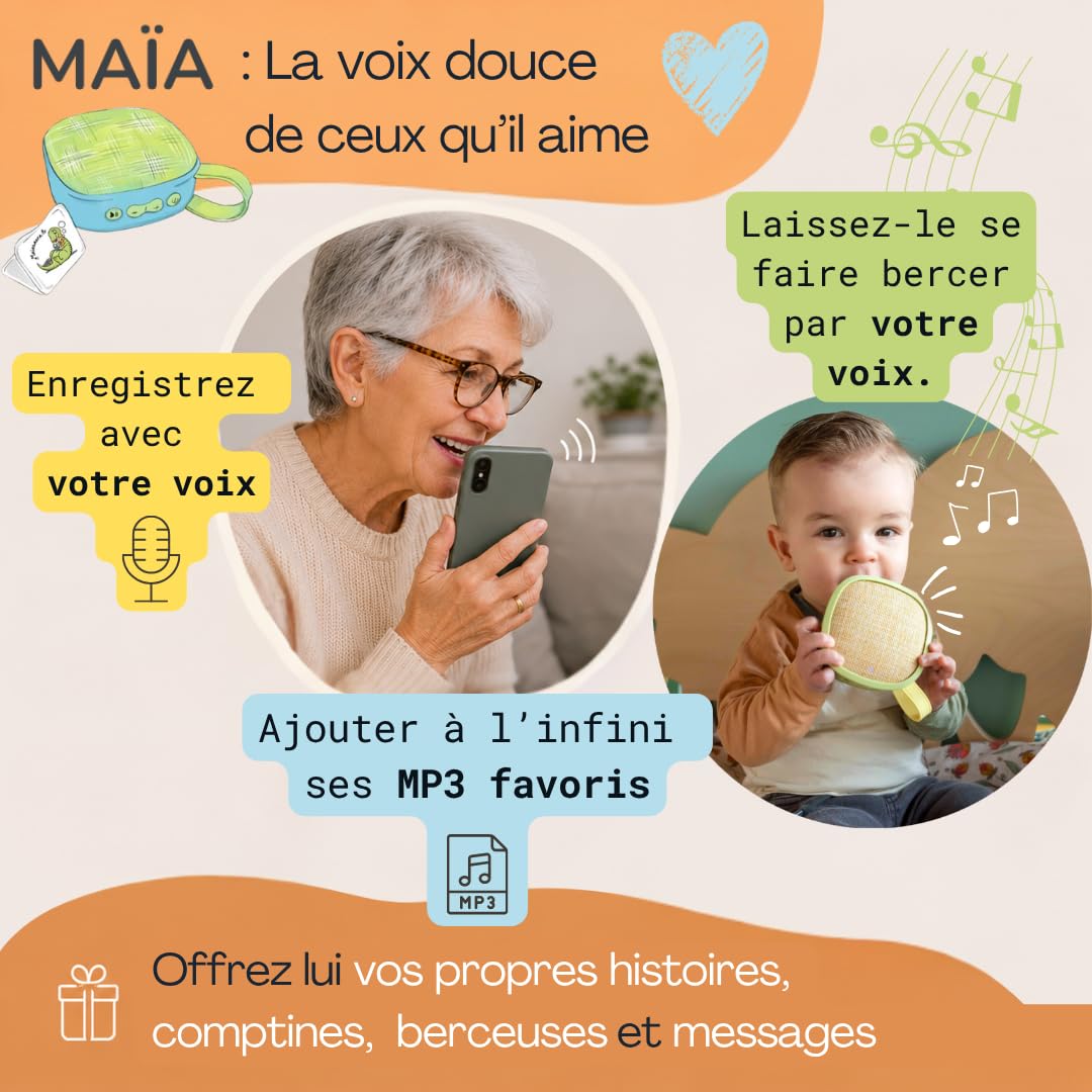 MAIASAURA - Caja de historias y música para niños con 200 títulos incluidos | 10 horas de contenido, graba su voz y contenido MP3, 10 horas de autonomía, sin ondas y sin pantallas, ligero