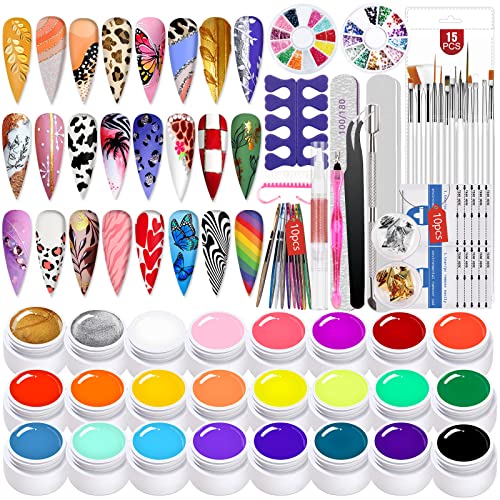 Saviland 72Pcs Gel Paint Nail Kit - 24 Colors Gel Nail Polish Kit Gel Paint For Nails Art With 15Pcs Nail Brushes, Nail Art Tools, Nails Decorations For Nail Salon, Diy Manicure, Nail Art Design #TOP24
