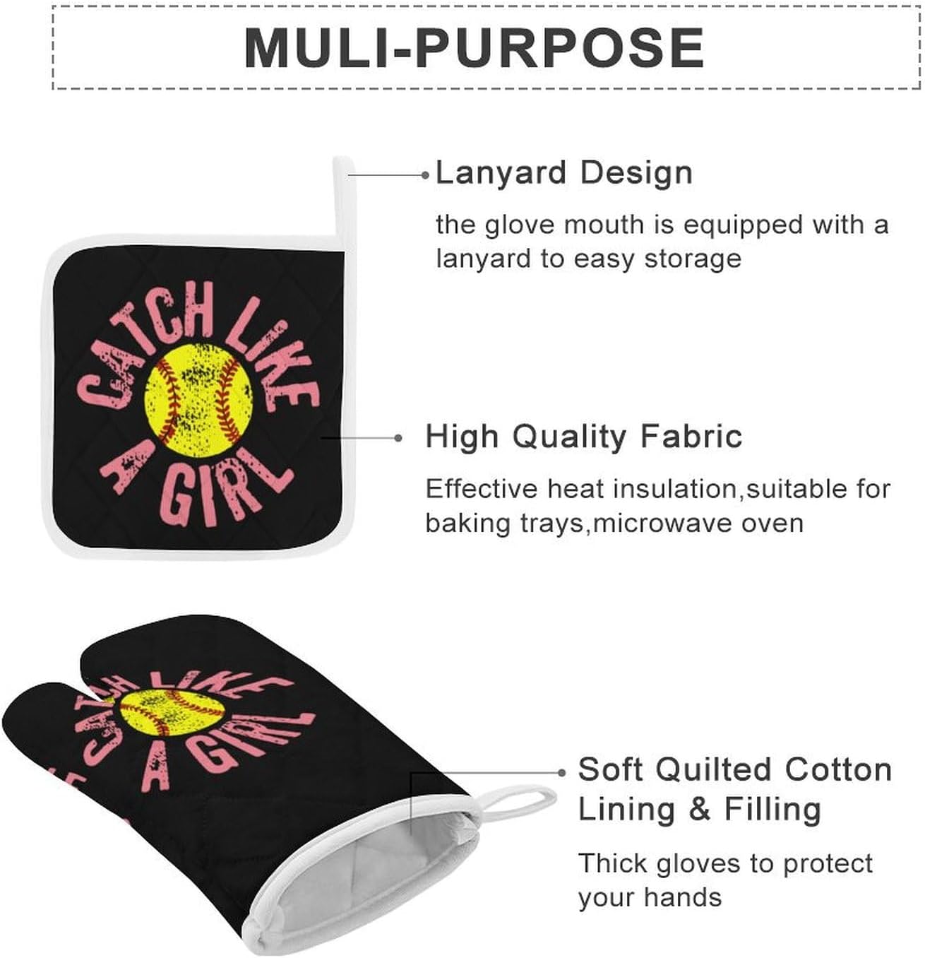 Catch Like A Girl Softball Print Oven Mitts and Pot Holders 3 Piece Sets Heat Resistant Gloves Hot Pads Potholders for Kitchen Baking Cooking