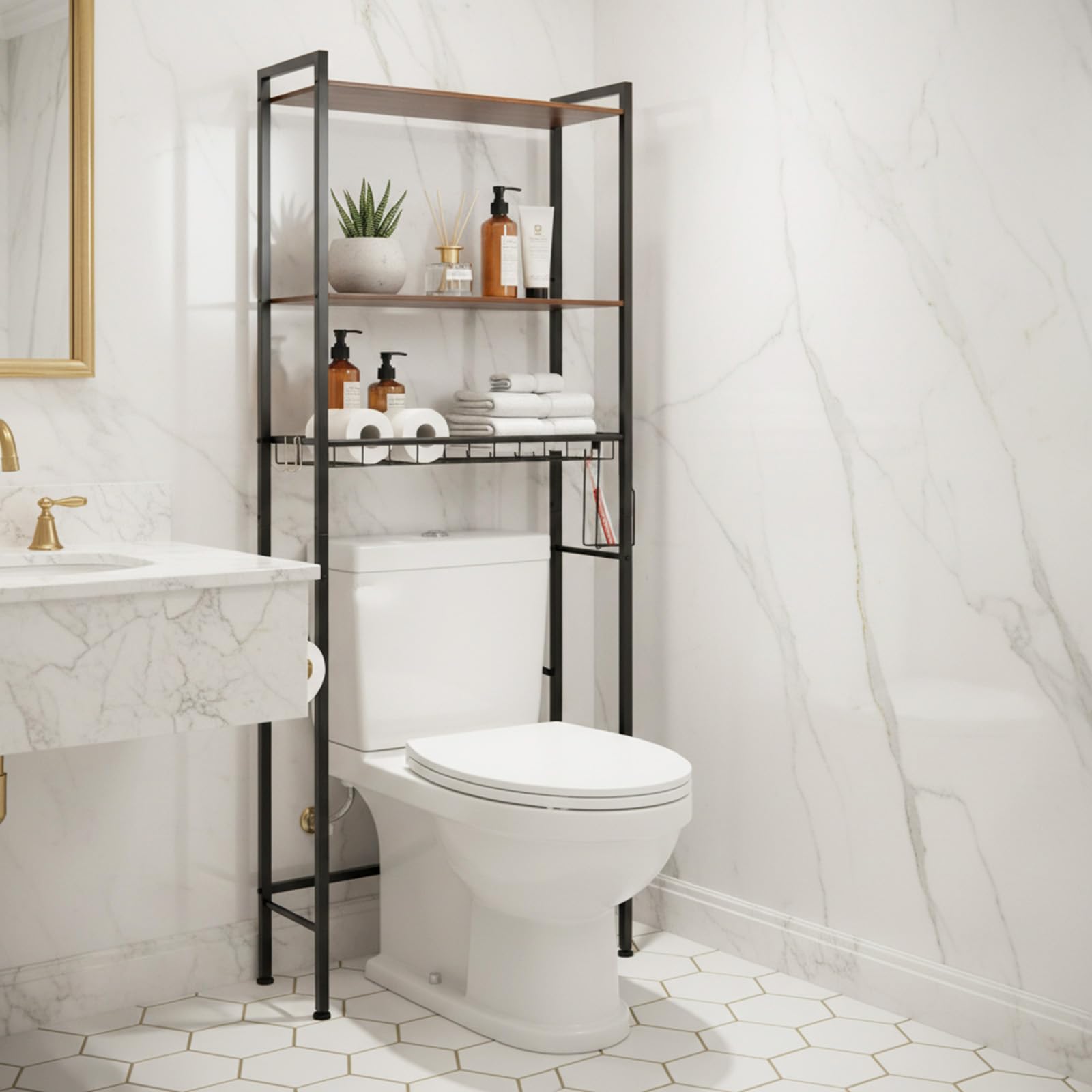 Lovswan Over-The-Toilet Storage Shelf,3-Tier Bathroom Organizer Cabinet Rack and Storage Over Toilet with Basket,Multifunctional Space Saver