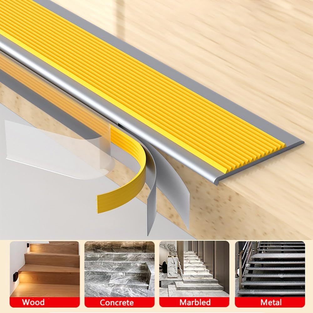 Perfil de protección para borde de escalón autoadhesivo de PVC de 100/120 cm, perfil de vinilo para escalera, tiras de goma antideslizantes para interiores y exteriores(Yellow,150cm/59 In)