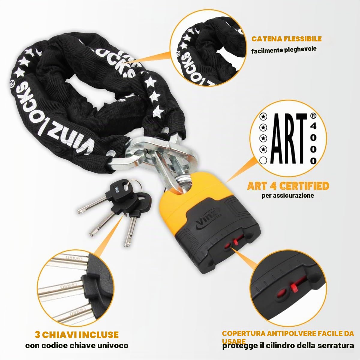 VINZ Makalu Lucchetto a Catena Moto Antifurto | ø11mm Acciaio Temperato | Con Tre Chiavi | Antifurto Versatile per Moto o Scooter | Disponibile in diverse misure - 120 cm