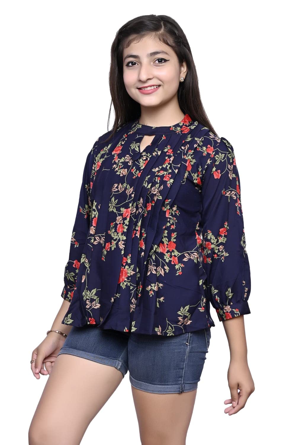ORIEX THE ORIGINAL FASHION Girls Pleated Flower Design Slim Fit Top-63 Blue 13-14 Years - Image 3 thumbnail