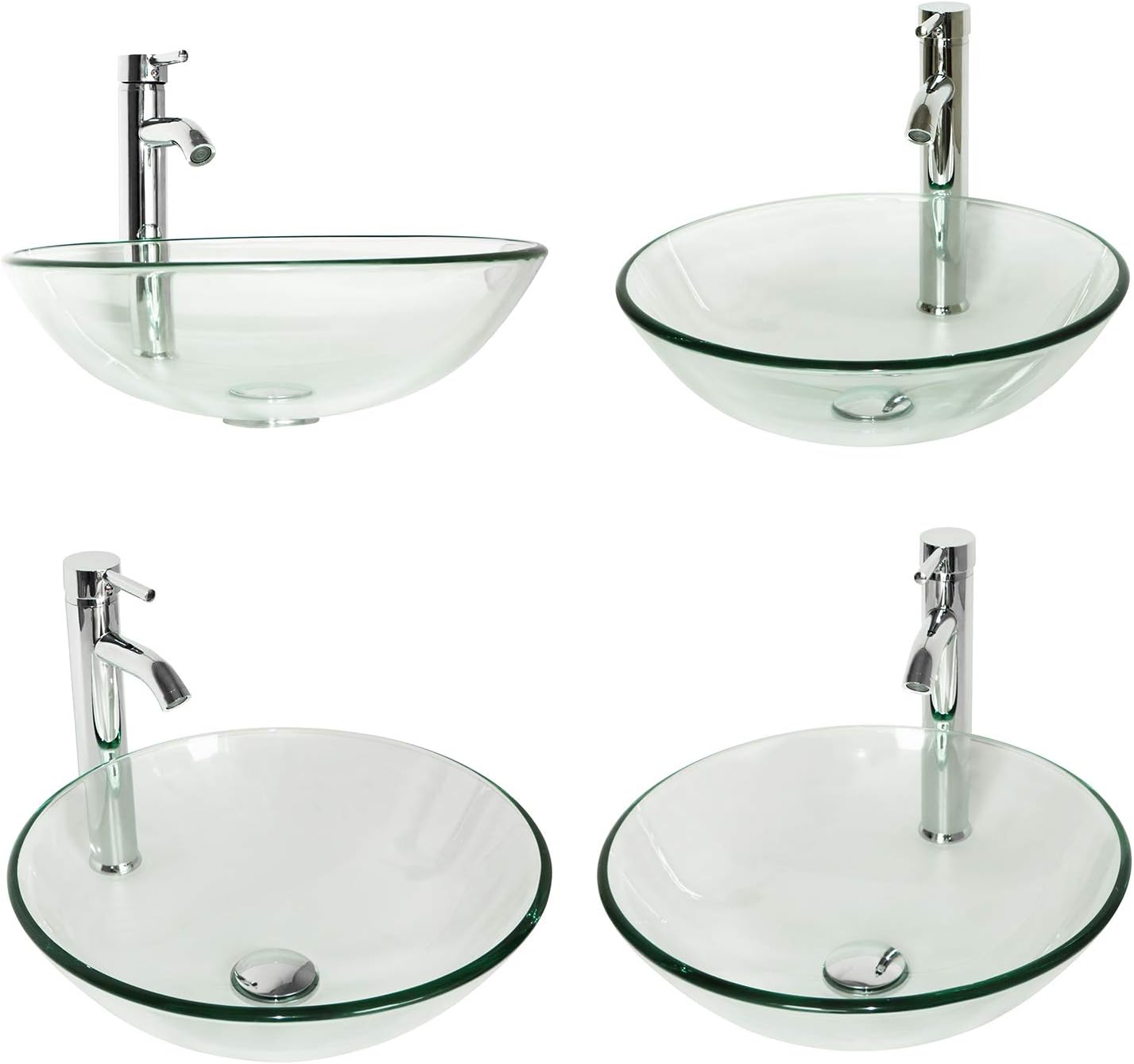 Tempered Glass Vessel Bathroom Vanity Sink Round Bowl, Chrome Faucet & Pop-up Drain Combo