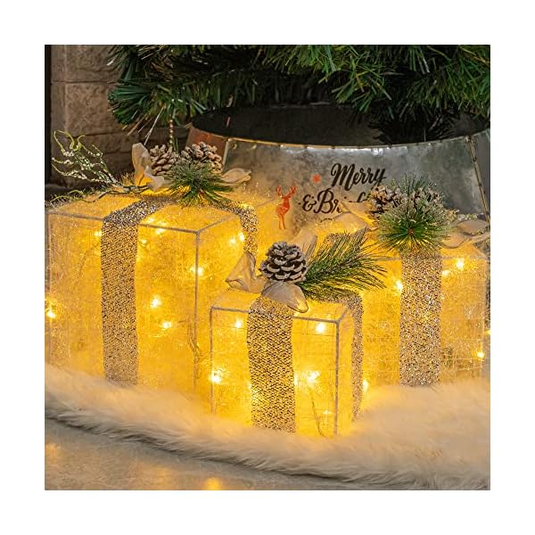 Hourleey Set of 3 Christmas Lighted Gift Boxes, Pre-lit 60 LED Light Up Present Boxes Ornament Outdoor Warm White Tinsel Boxes Decoration for Indoor Christmas Home Yard Lawn Decor