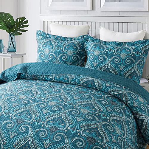 NEWLAKE Cotton Bedspread Quilt Sets-Reversible Patchwork Coverlet Set, Turquoise Classic Royal Pattern, Queen Size