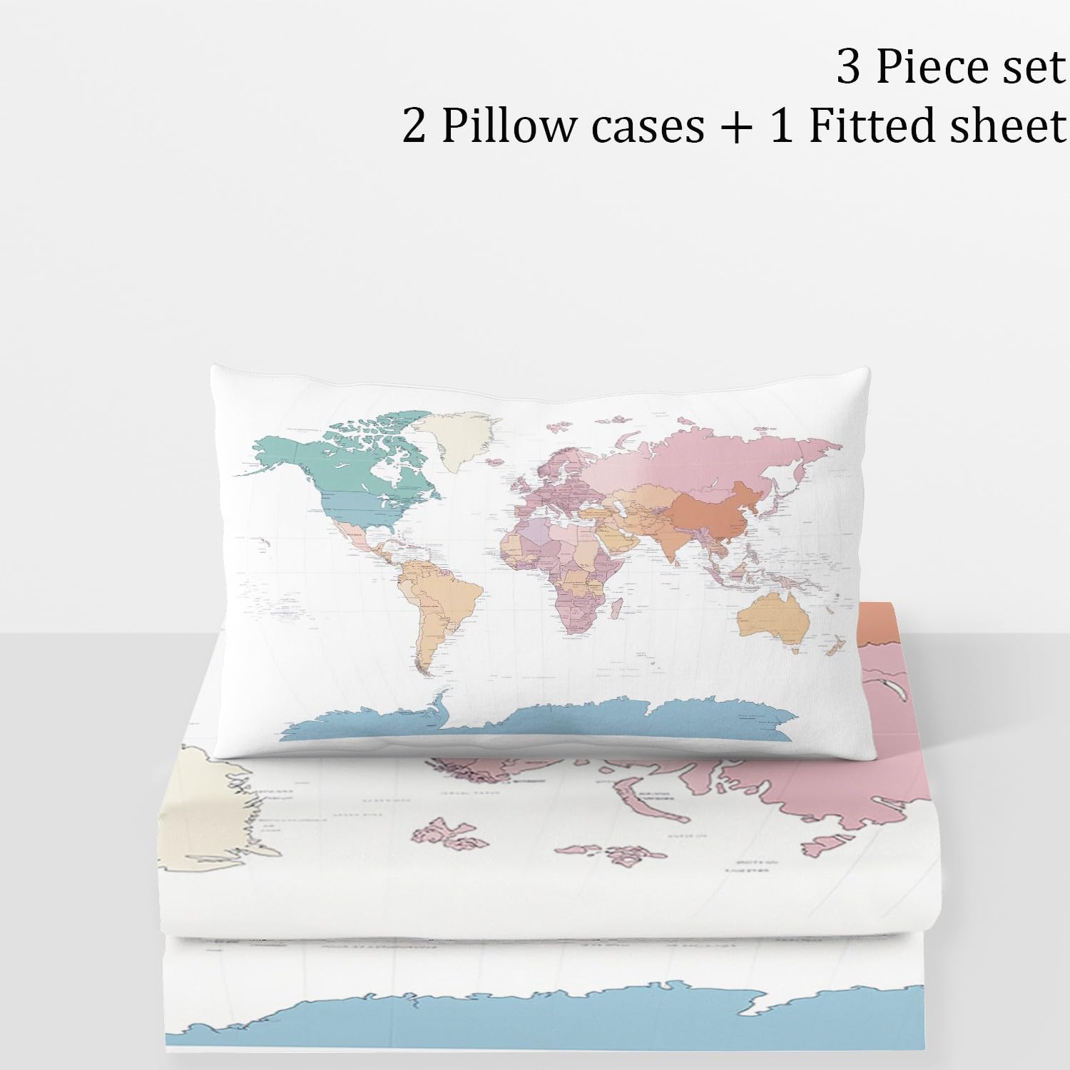Drap Housse 180 x 240 cm Antidérapants Imprimé Draps Housse Carte du Monde Simple Microfibre brossée Doux Housse Matelas 30 cm Profond, Linge de lit Enfant Adulte Bleu Clair