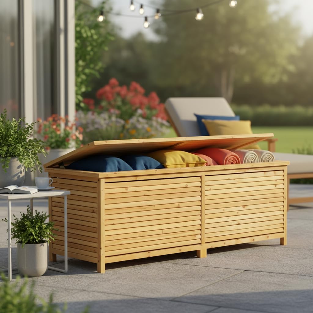 Melko Auflagenbox Kissenbox Gartenbox Gartentruhe 170x50x58 cm Holz Braun | regenfester Schutzanstrich, klappbarer Deckel, luftdurchlässige Lamellen, rostfreie Scharniere, Stauraum für Polster