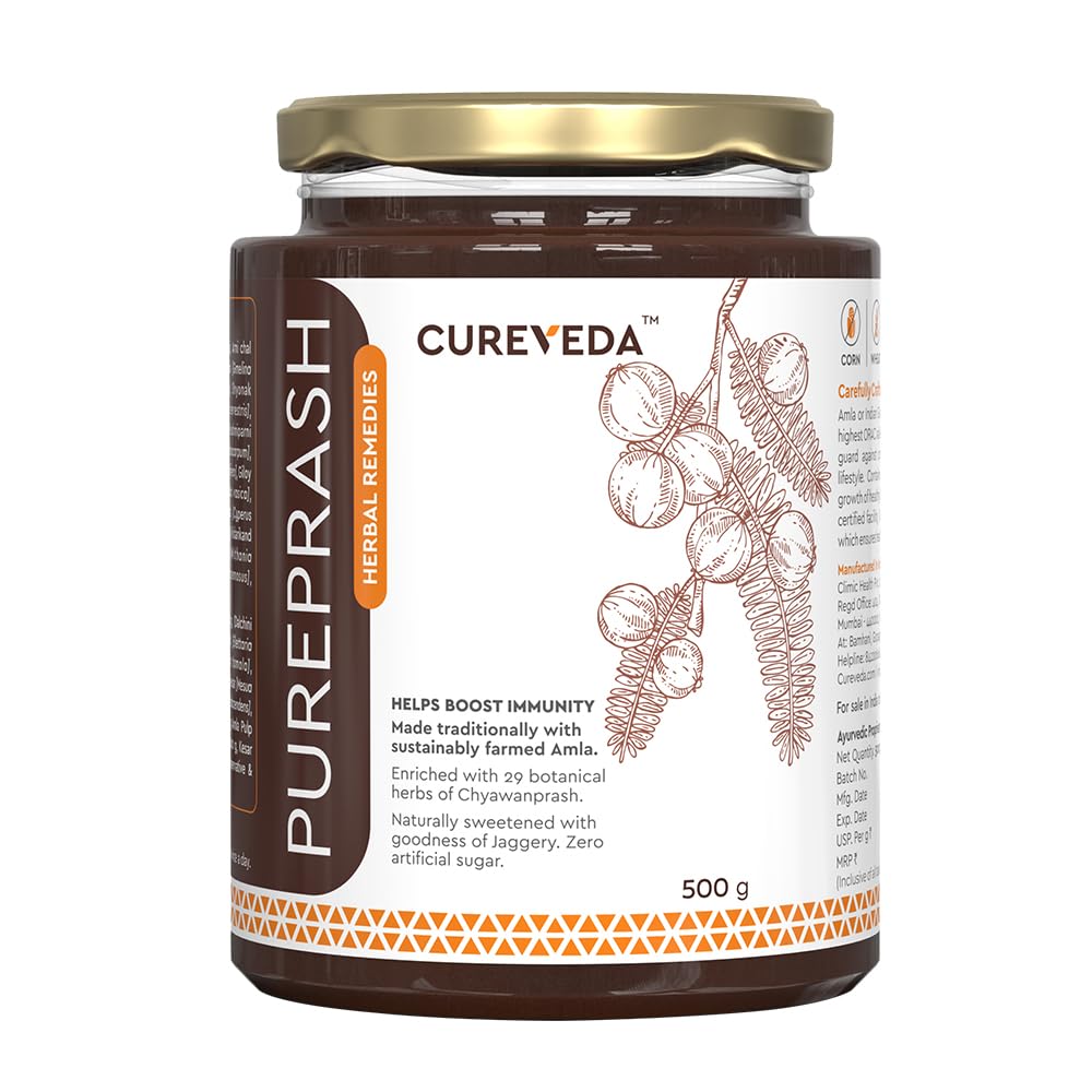 Cureveda Herbal Pureprash | Sugar-Free Chyawanprash with Jaggery and A2 Ghee | 30+ Herbal Extracts | Immunity Booster with Goodness of Saffron (Kesar) for Strength and Stamina | 500 g
