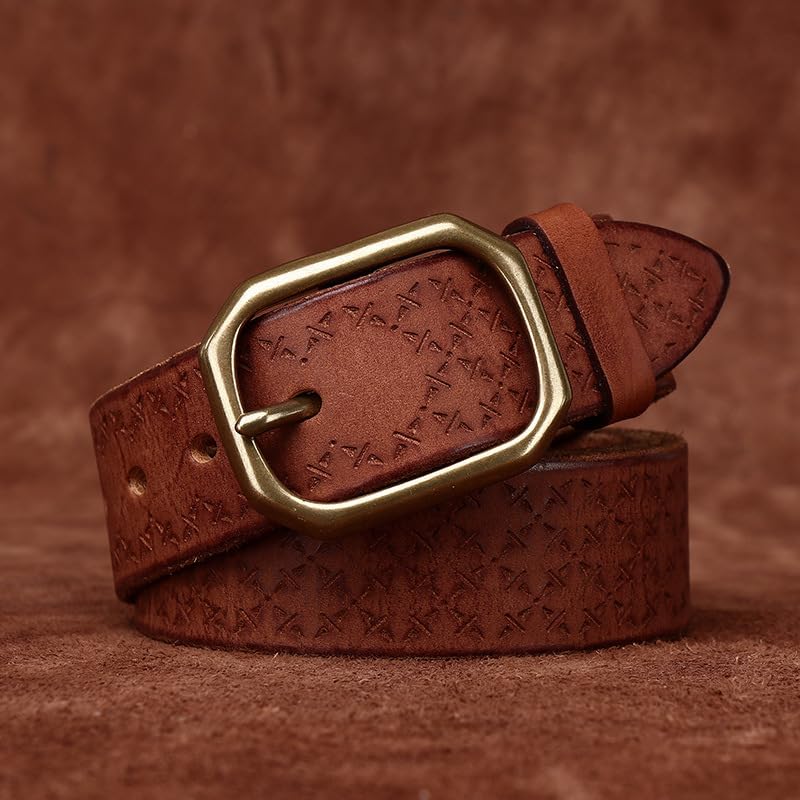 Vintage Western Leather Embossed Belt for Men Women Textured Engraved Floral Strap, Solid Brass Buckle for Casual Wear(125cm/49, Brown)3