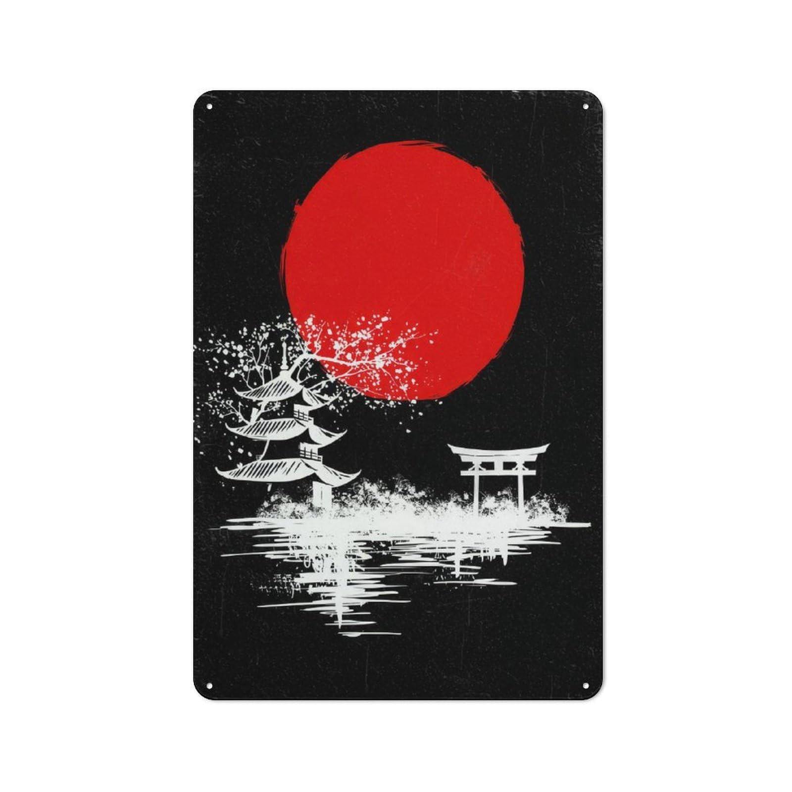Junmoney Style-6 Rustic Tin Sign 30X20cm Featuring Japanese Landscape With Pagoda And Torii For Garage Or Workshop, For Garage, Workshop And Man Cave Decoration