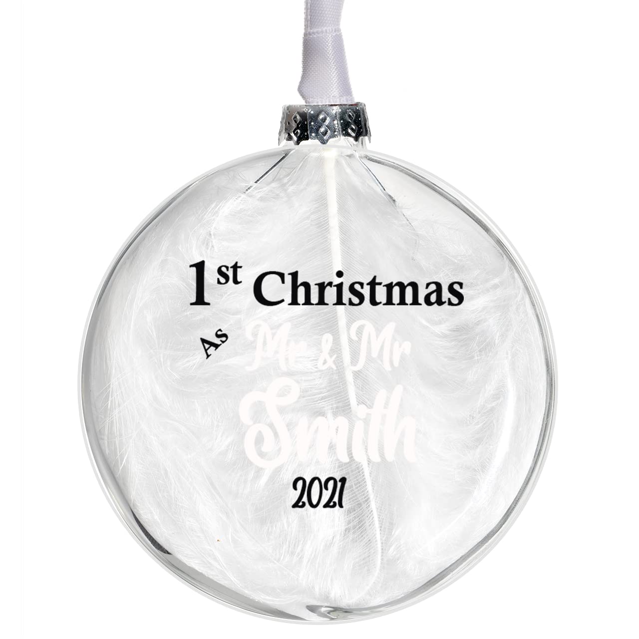 Personalised First Christmas As Mr And Mrs Glass Bauble In 10 Colours Unique 1st Christmas Wedding Gift Mr And Mr Or Mrs And Mrs in 10 colours (WHITE)