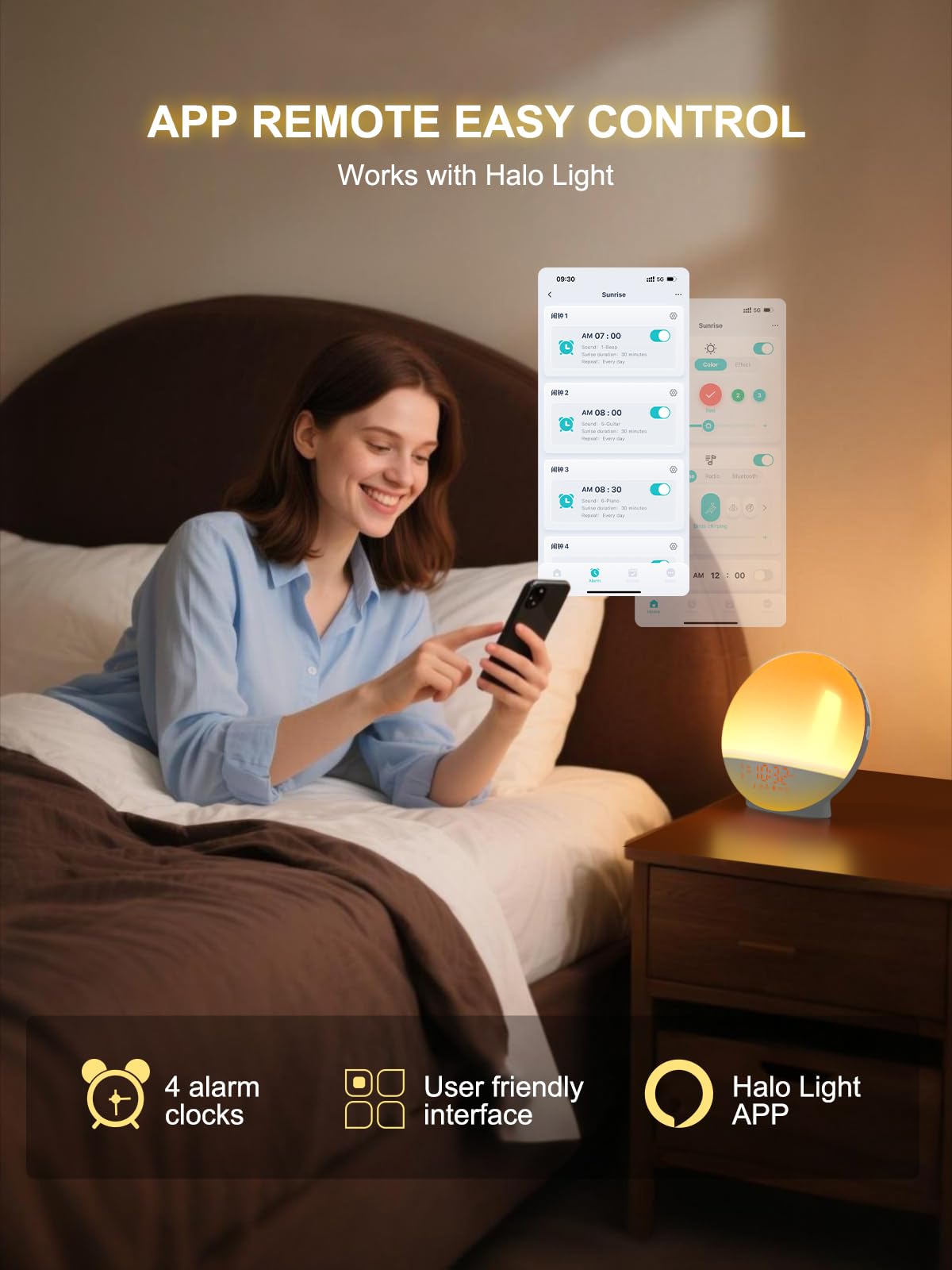 Wake Up Light Despertador Luz Simulación Amanecer Atardecer APP Control 11 Colores 20 Brillo 7 Sonidos Radio FM 4 Alarmas Snooze