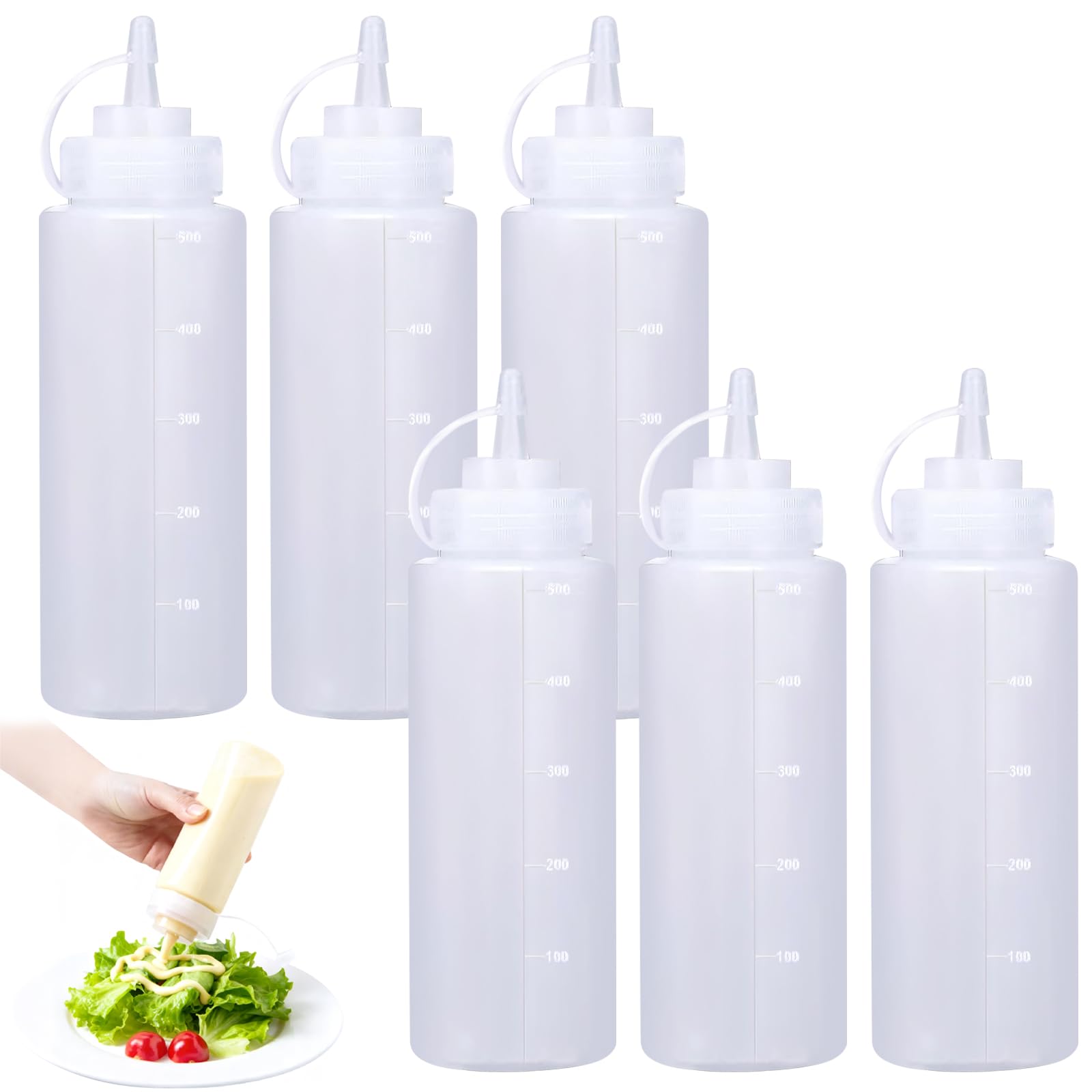 FENGfxcgs 6 Pcs Squeeze Condiment Bottle, 500ml/16oz Plastic Condiment Bottles with Twist On Cap Lids Reusable Ketchup Squeeze Bottle for Sauce BBQ Sauces Syrup Dressings