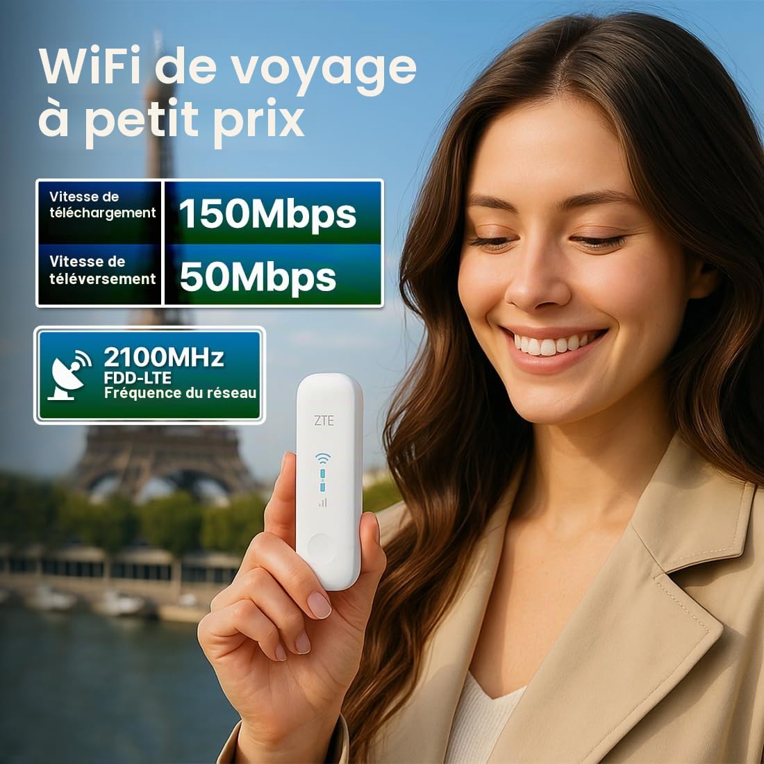 ZTE MF79N Modem USB Wi-FI déverrouillé, Point d'accès Wi-FI de Voyage à Faible coût vers 10 appareils, Ports d'antenne externes (Blanc)