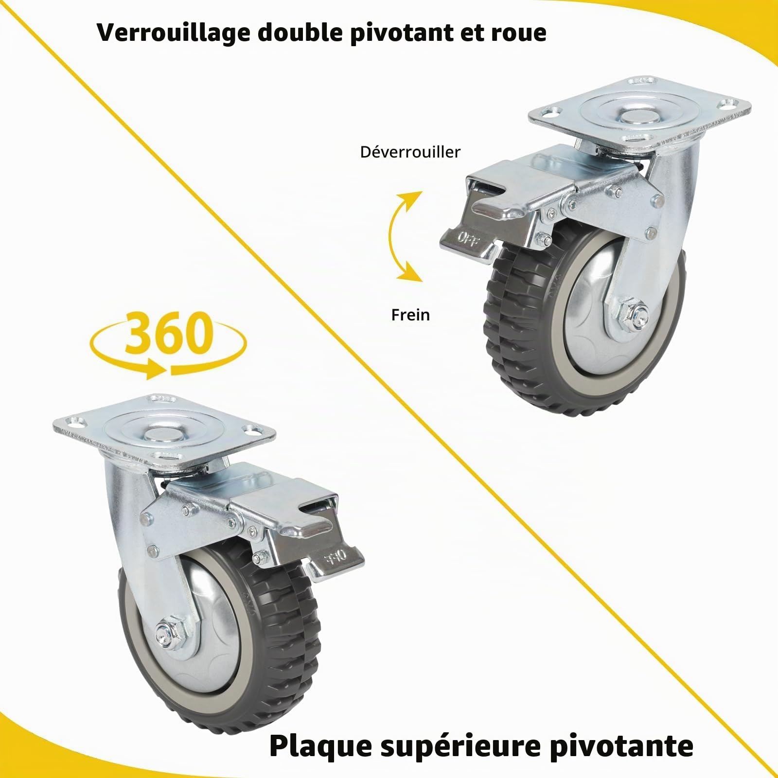 uyoyous - Lot de 4 roulettes pivotantes pour charges lourdes - 200 mm - Avec frein rotatif à 360 ° - En caoutchouc plein - Pneumatiques - Charge 1000 kg - (2 roulettes fixes + 2 roulettes de freinage)