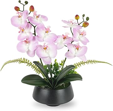 PlusFive Artificial Orchid, 37cm Purple Orchid Artificial Flowers in Pot,Fake Orchid Silk Phalaenopsis Flower Arrangement,Orchid Plant for Table Window Home Decor Housewarming Gift