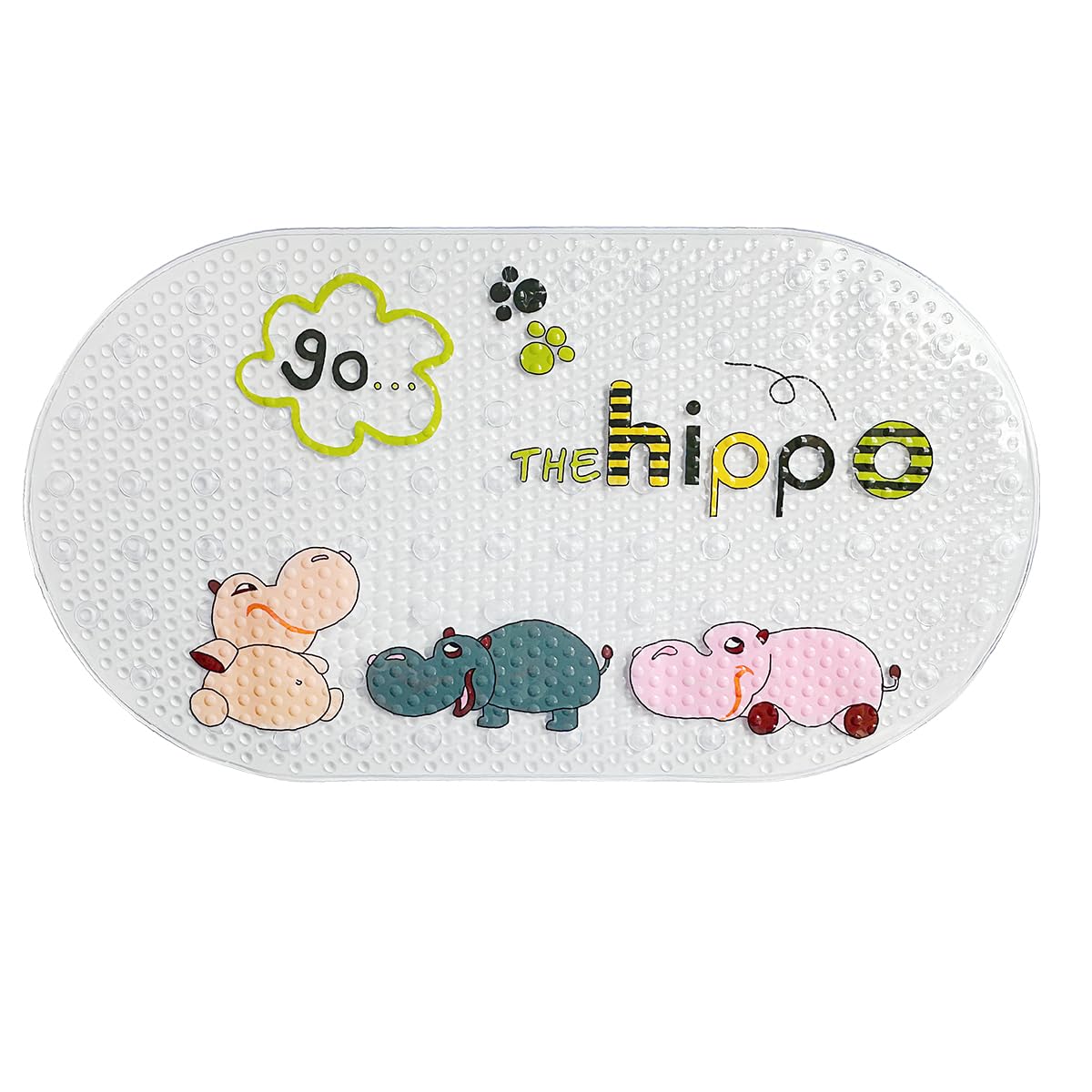 PTAPIPI Non-Slip Kids Shower Mat 39x69cm, Oval PVC Bathtub Mat with Suction Cups | Cute Cartoon Hippo Animal Bathroom Safety Mat for Toddlers