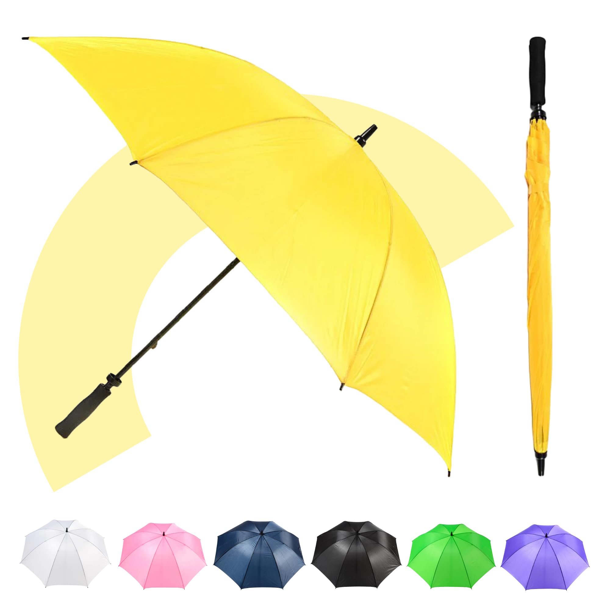 Jollybrolly Yellow Golf Umbrella – Fibreglass Sitck Umbrella, Windproof, Waterproof, Large Canopy For Sun Protection, Long Handle, Perfect For Golf & Uk Weather