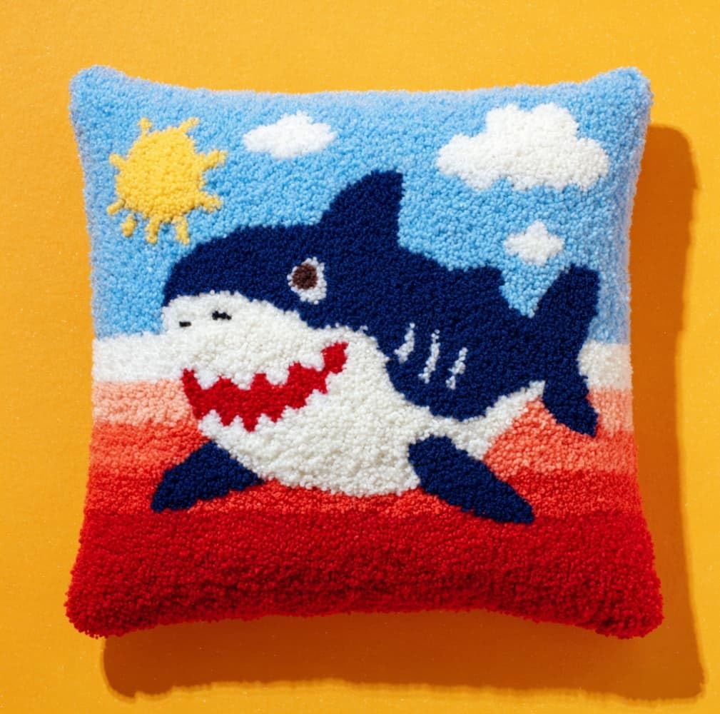 AxiangziK Latch Hook Pillow Kit for Adults,Cartoon Shark Latch Hook Cushion Kits 17X17Inch,DIY Needlework Pillow Cover Sofa Cushion Rug Making