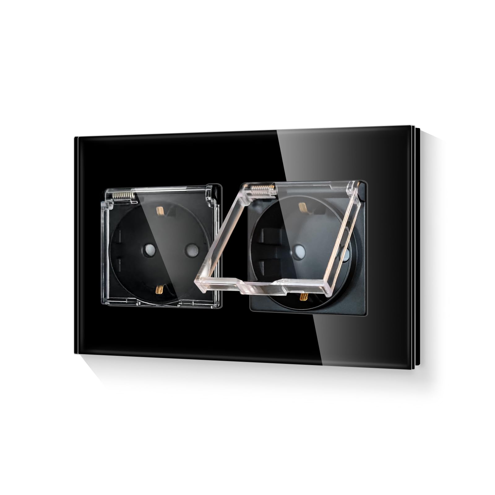 LIAONFOY Schuko Doppel Steckdose mit Deckel Glasrahmen Steckdose mit Kindersicherung Unterputz 2 Fach wasserdicht Wandsteckdose Zweifach Schwarz 110-250V 157mm