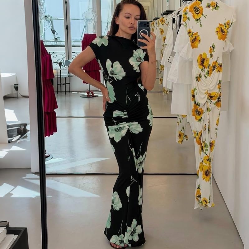 Image of Womens Sexy Maxi Dress Long Sleeve Ruched Bodycon Turtleneck Club Party Casual Wedding Dresses