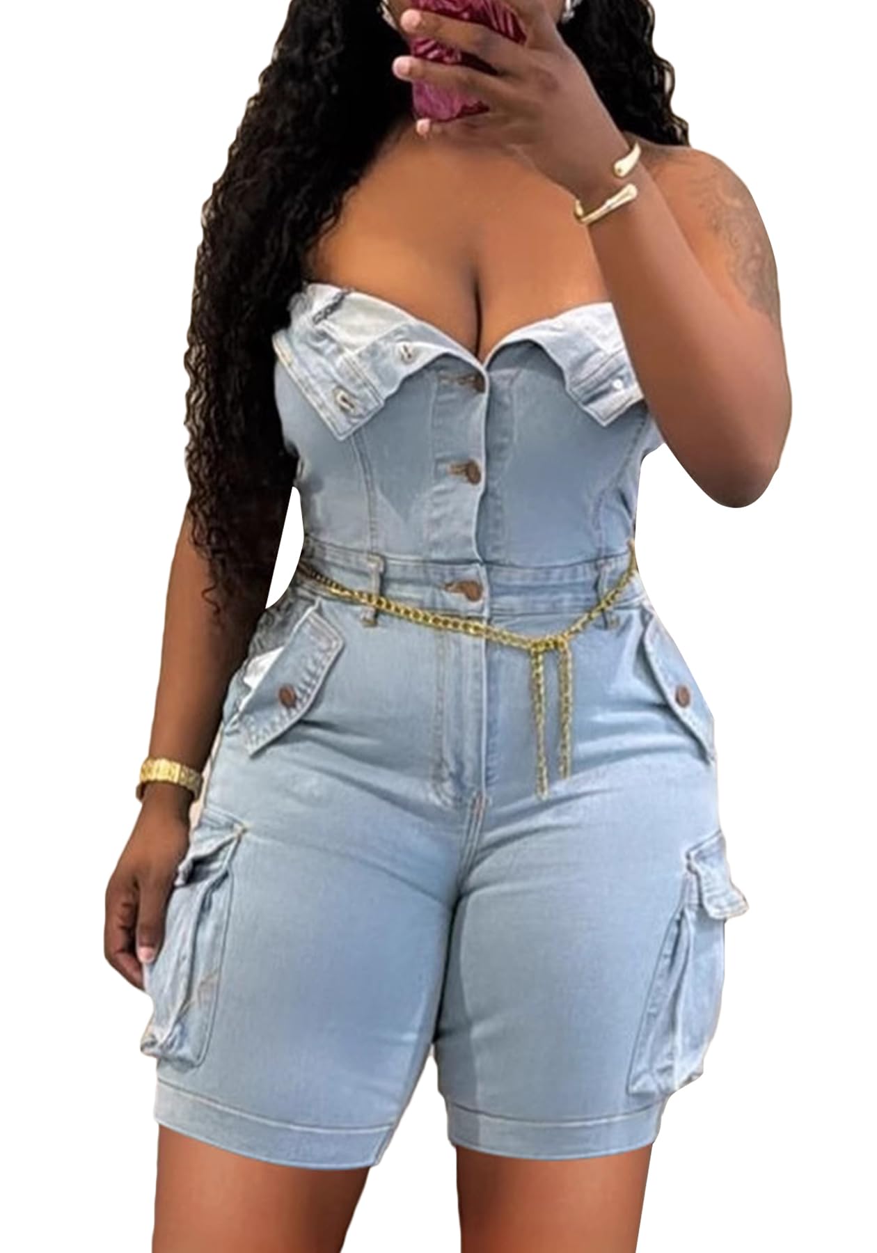 LETSVDO Womens Strapless Denim Short Jumpsuit Cargo Tube Bodycon Corset Button Up Sexy Stretch Jean Romper Club Outfits