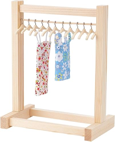 AHANDMAKER 1 juego de perchero pequeño con mini perchas, pequeño estante de madera para joyas para aretes, perchero de ropa para decoración de casa
