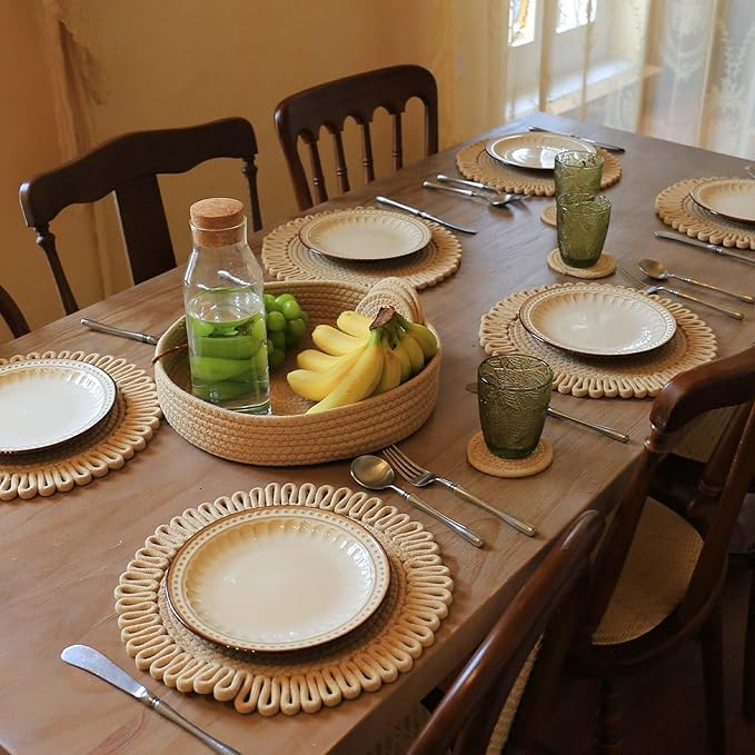 Image of Cotton Rope Placemat Set with Coasters and Holder 6 Pieces Round Woven Table | Mats Natural Beige Heat Resistant | Dining Table Decor | Durable Washable Kitchen Accessories (Beige with Border)