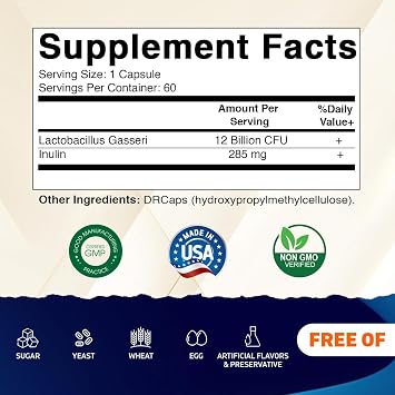 Vitamatic Lactobacillus Gasseri - 12 Billion per DR Capsule - 60 Count - Digestive Support - Made with Prebiotic Inulin Fiber